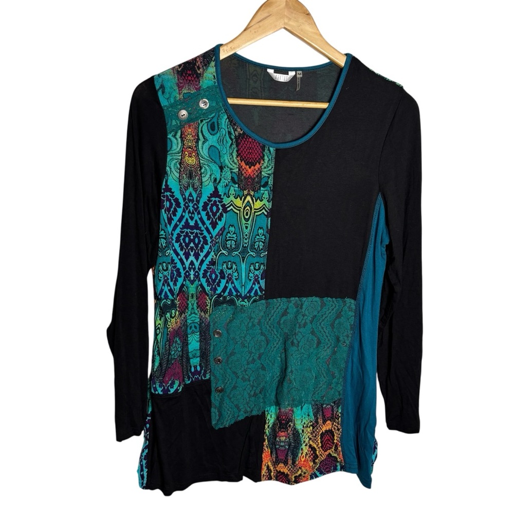 Kaktus black green abstract mixed media lace patchwork tunic blouse size M - Picture 1 of 8
